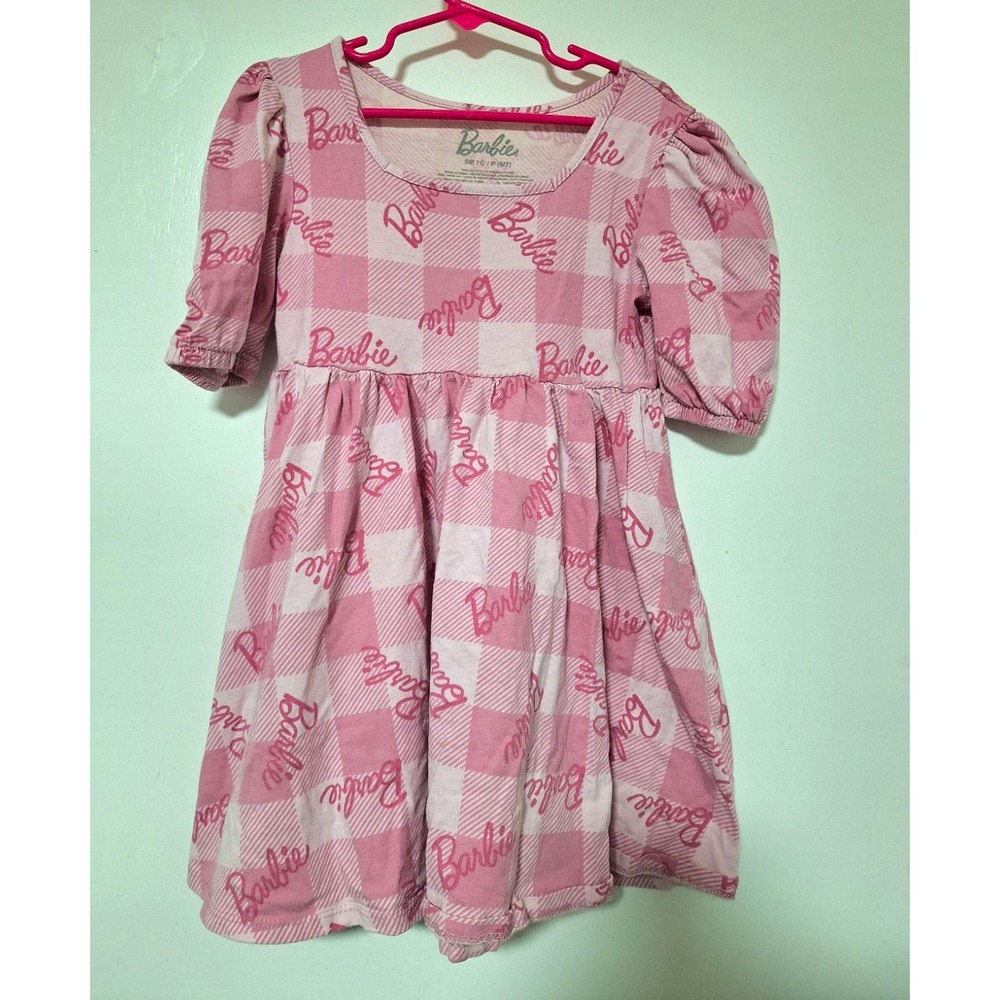 Barbie Girls Size 6/7 Pink Gingham Check Puff Short Sleeve Dress Mattel Cotton